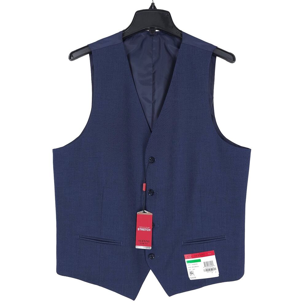 Alfani Mens Slim Fit Suit Vest Sz Large Blue Solid Performance Stretch NWT